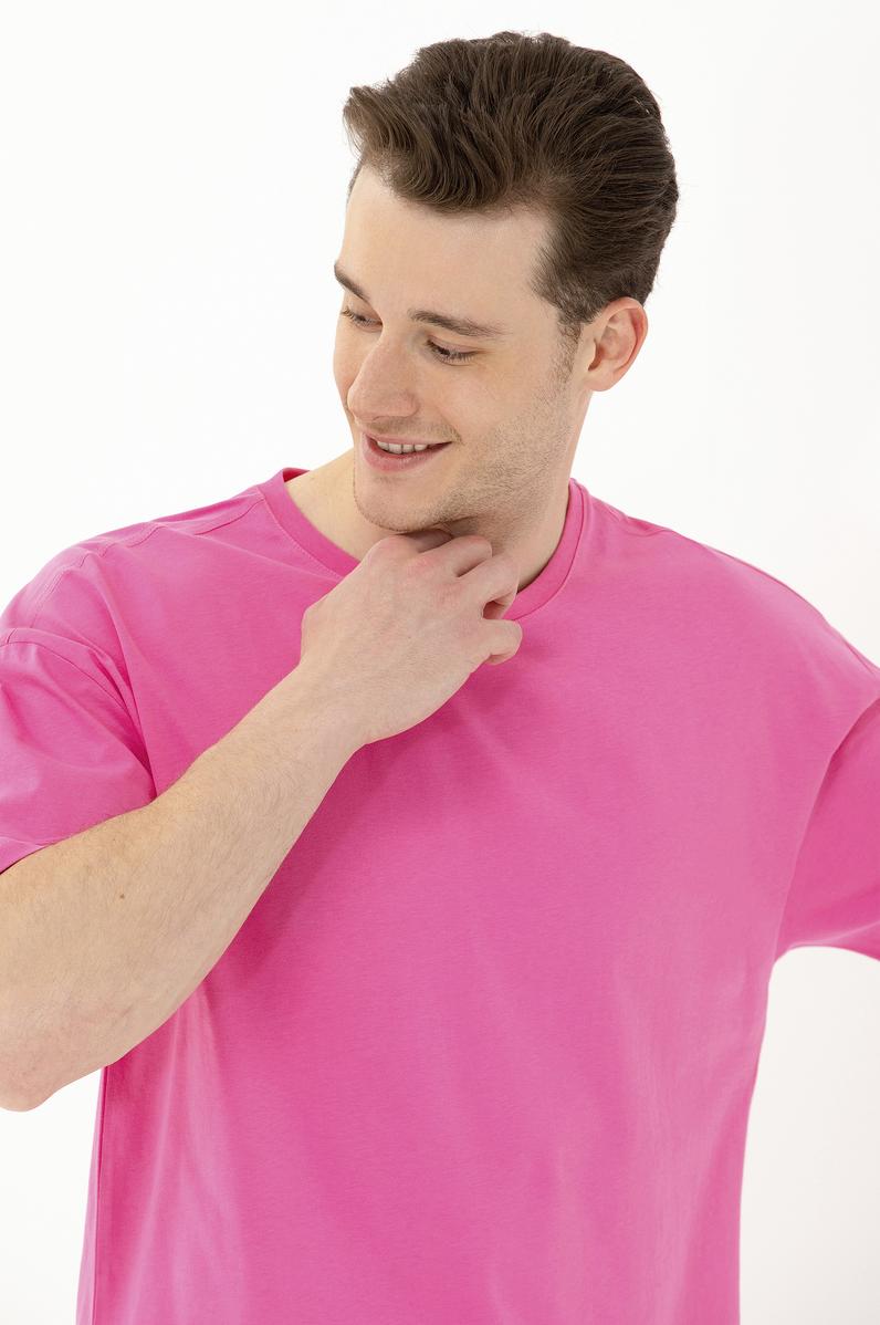 Erkek Pembe Oversize Bisiklet Yaka Tişört