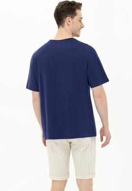 Erkek Lacivert Oversize Bisiklet Yaka Tişört - 50264932031