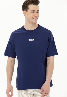 Erkek Lacivert Oversize Bisiklet Yaka Tişört - 50264932031