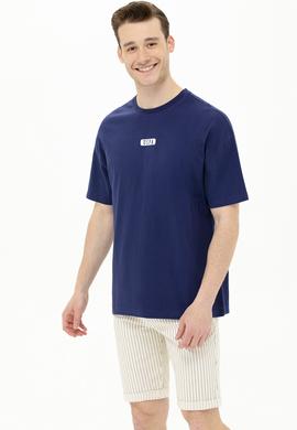 Erkek Lacivert Oversize Bisiklet Yaka Tişört - 50264932031