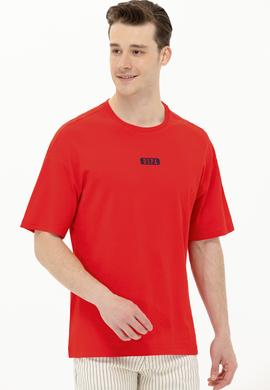 Erkek Kırmızı Oversize Bisiklet Yaka Tişört - 50264932048