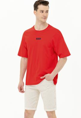 Erkek Kırmızı Oversize Bisiklet Yaka Tişört - 50264932048