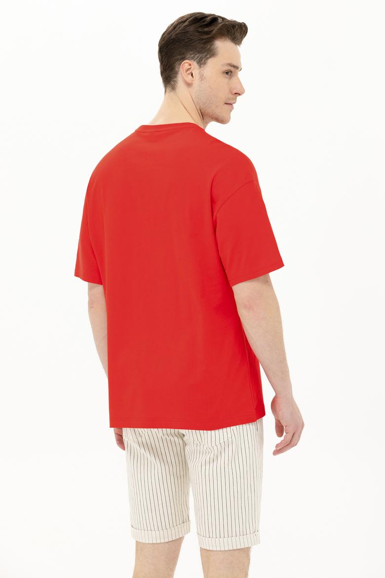 Erkek Kırmızı Oversize Bisiklet Yaka Tişört - 50264932048