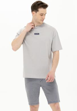 Erkek Gri Oversize Bisiklet Yaka Tişört - 50264932076