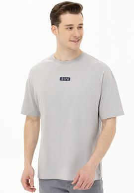 Erkek Gri Oversize Bisiklet Yaka Tişört - 50264932076