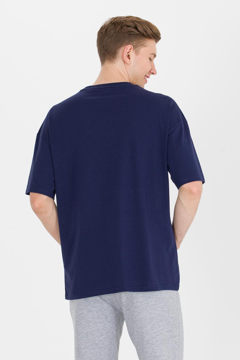 Erkek Lacivert Long Fit Bisiklet Yaka Tişört - 50264941013