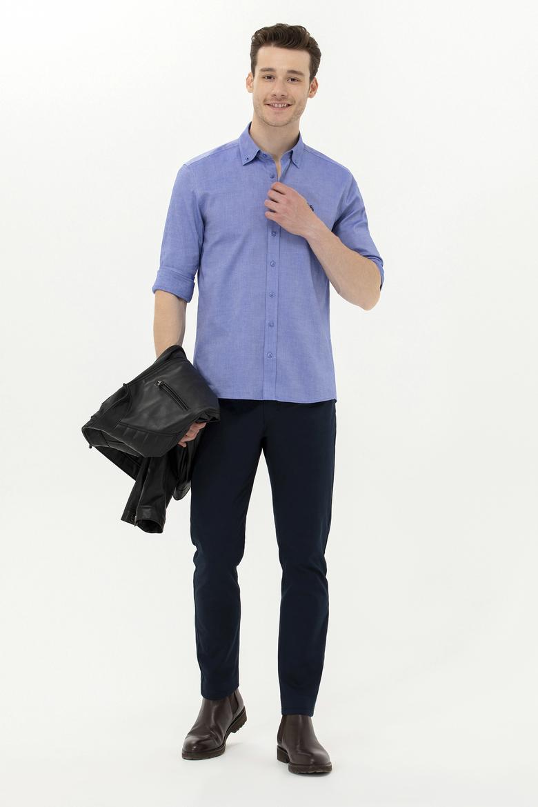 Erkek Saks Uzun Kollu Basic Gömlek - 50256698027