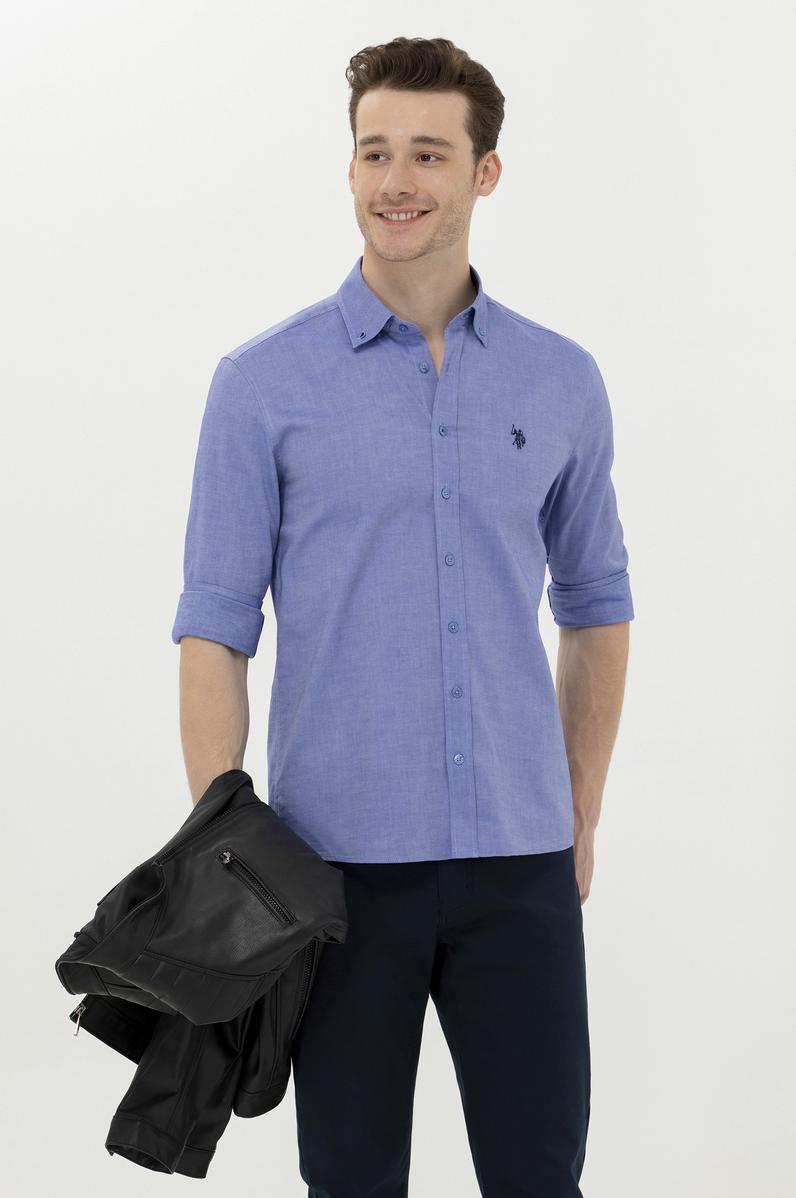 Erkek Saks Uzun Kollu Basic Gömlek