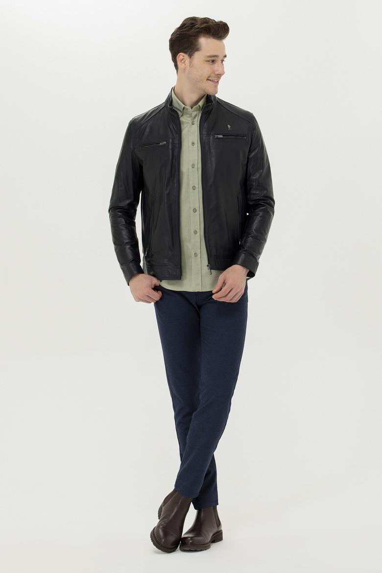 Erkek Lacivert Deri Ceket - 50261234004
