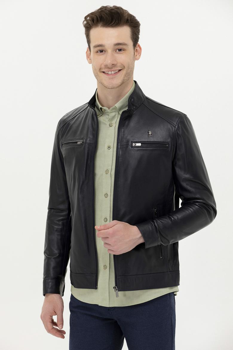 Erkek Lacivert Deri Ceket - 50261234004