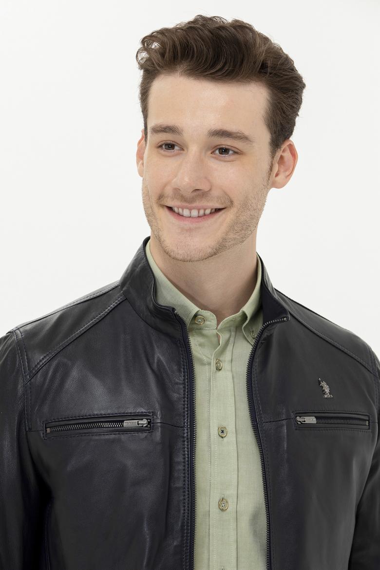 Erkek Lacivert Deri Ceket - 50261234004