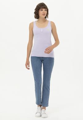 Kadın Lila Bisiklet Yaka Kolsuz Basic Tişört - 50246321036