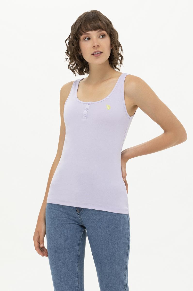 Kadın Lila Bisiklet Yaka Kolsuz Basic Tişört