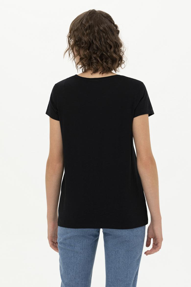 Kadın Siyah Bisiklet Yaka Tişört - 50251960022