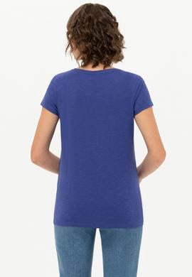 Kadın Mavi Bisiklet Yaka Tişört - 50251960038