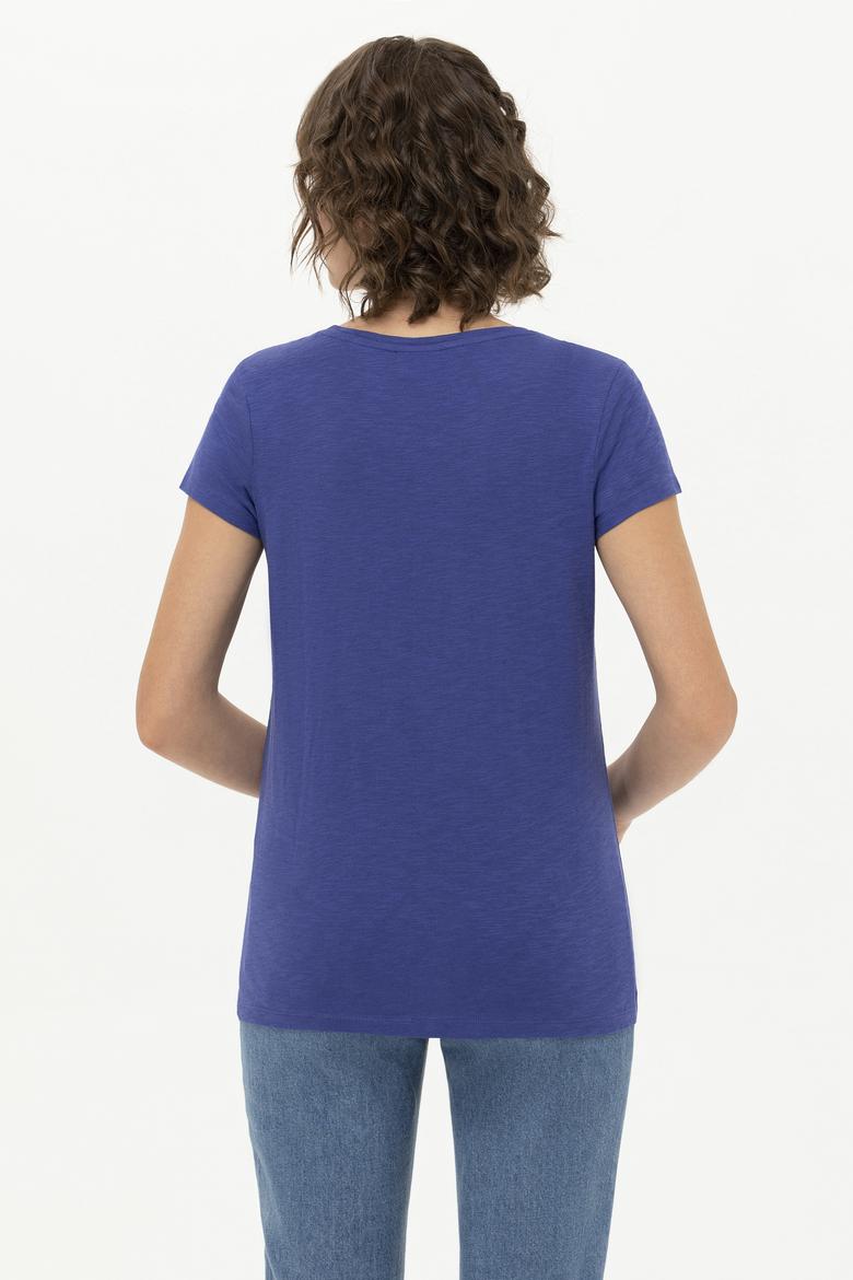 Kadın Mavi Bisiklet Yaka Tişört - 50251960038