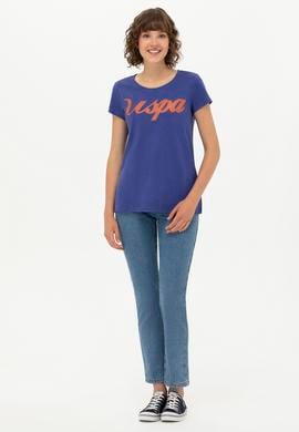 Kadın Mavi Bisiklet Yaka Tişört - 50251960038