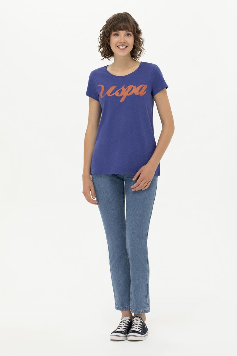 Kadın Mavi Bisiklet Yaka Tişört - 50251960038