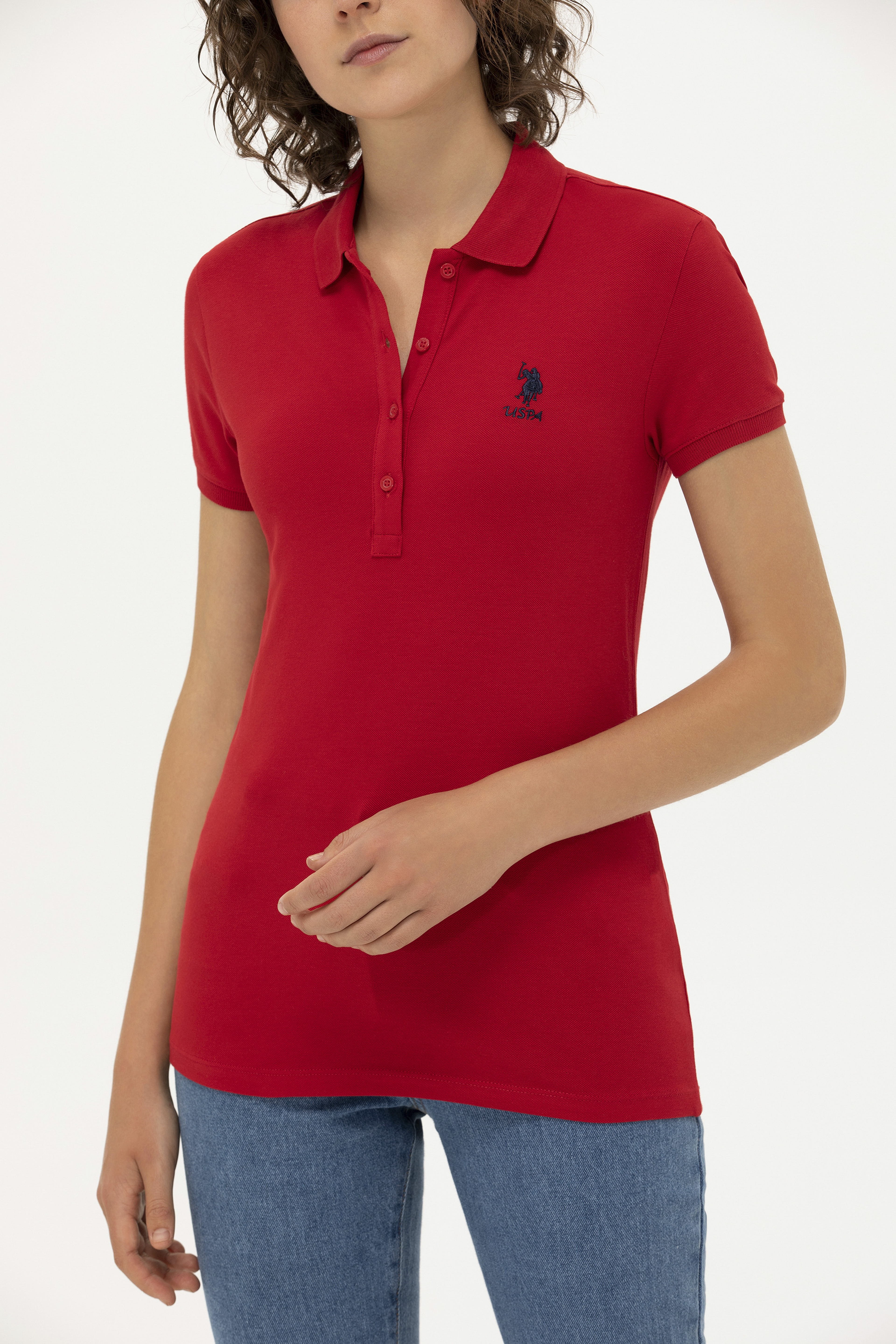 Kadın Kırmızı Basic Polo Yaka Tişört - Image 6