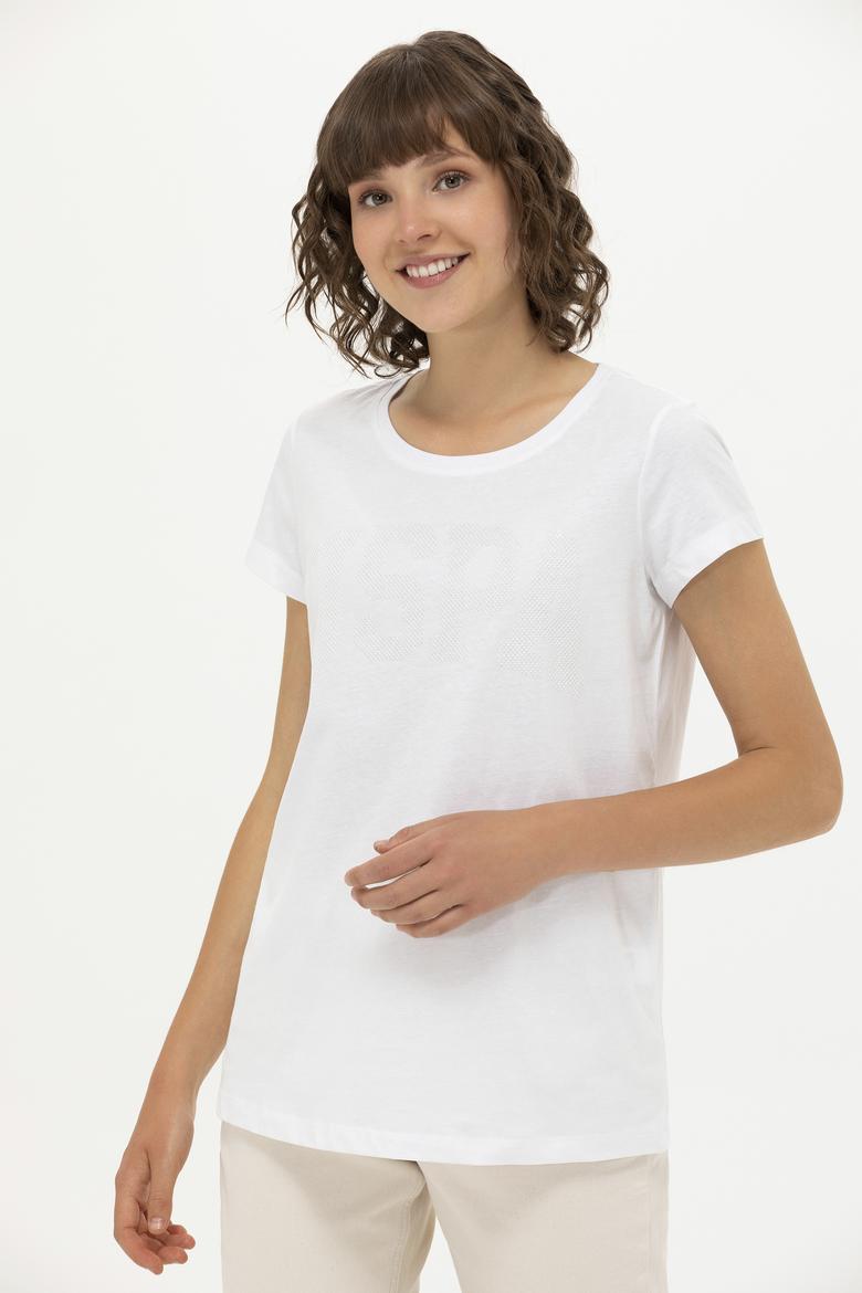 Kadın Beyaz Bisiklet Yaka Basic Tişört - 50262670013