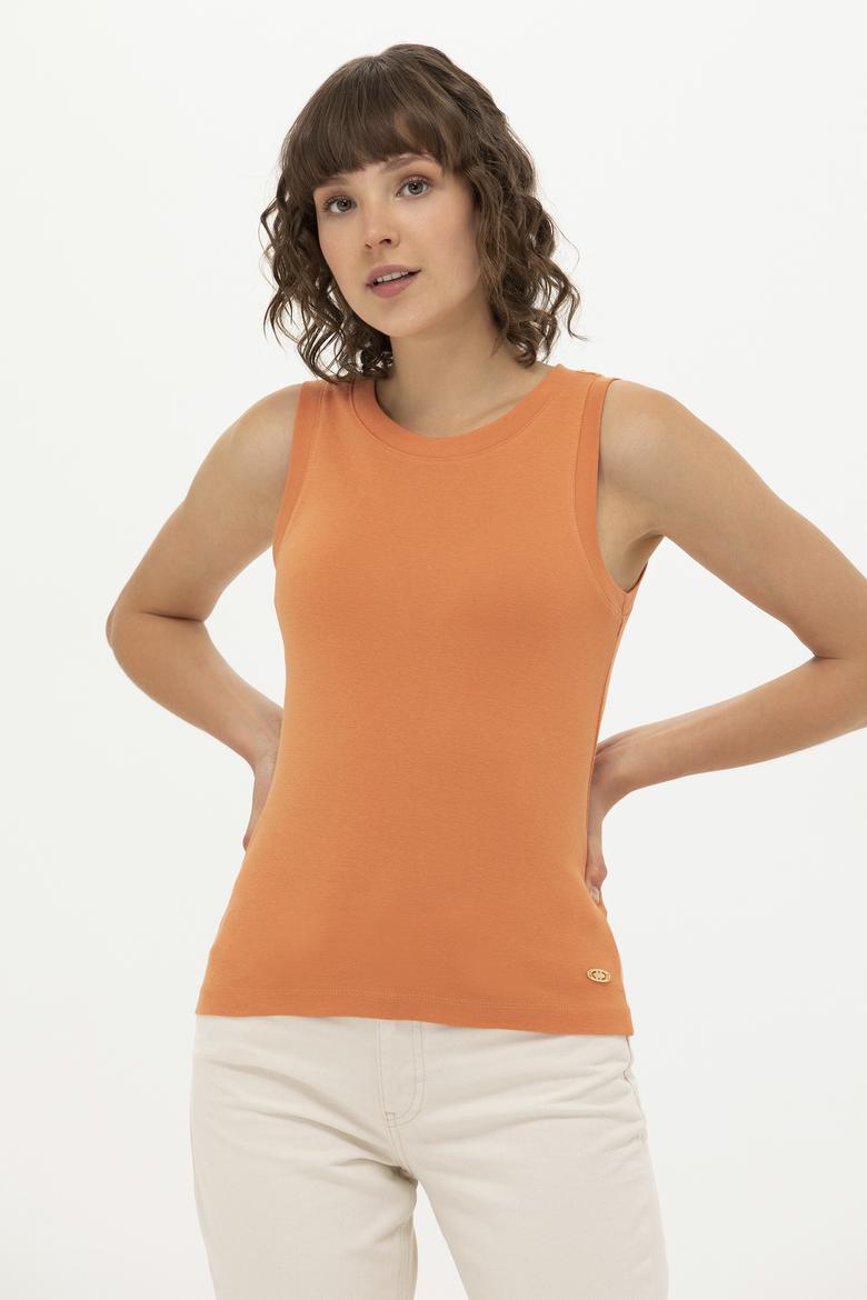 Kadın Kiremit Bisiklet Yaka Kolsuz Basic Tişört - 50264964106