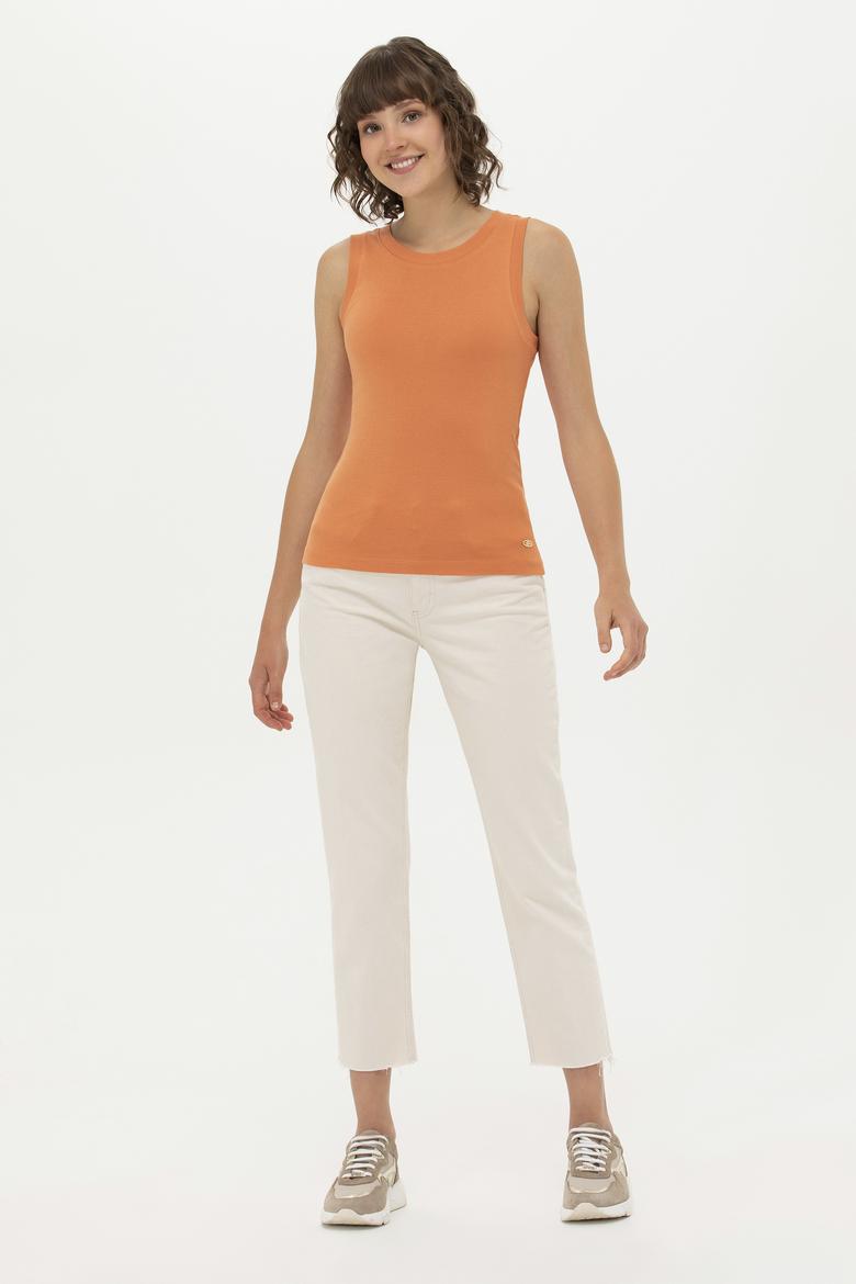 Kadın Kiremit Bisiklet Yaka Kolsuz Basic Tişört - 50264964106