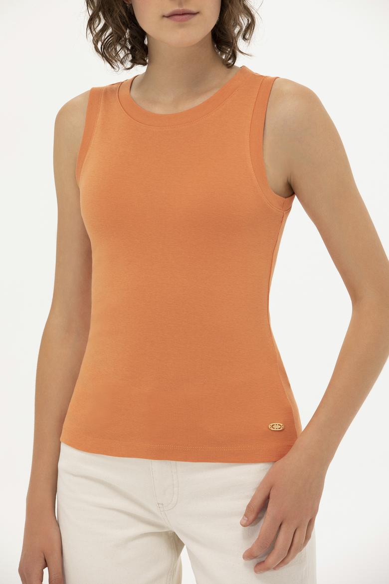 Kadın Kiremit Bisiklet Yaka Kolsuz Basic Tişört - 50264964106