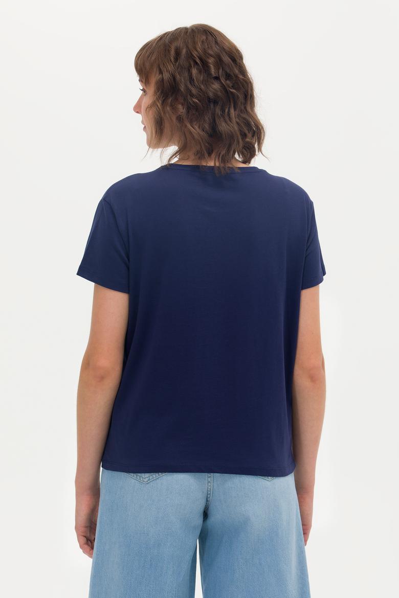 Kadın Lacivert Bisiklet Yaka Tişört - 50262937030