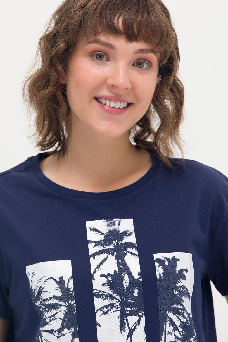 Kadın Lacivert Bisiklet Yaka Tişört - 50262937030