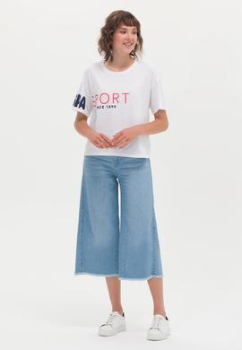 Kadın Beyaz Bisiklet Yaka Tişört - 50264171019