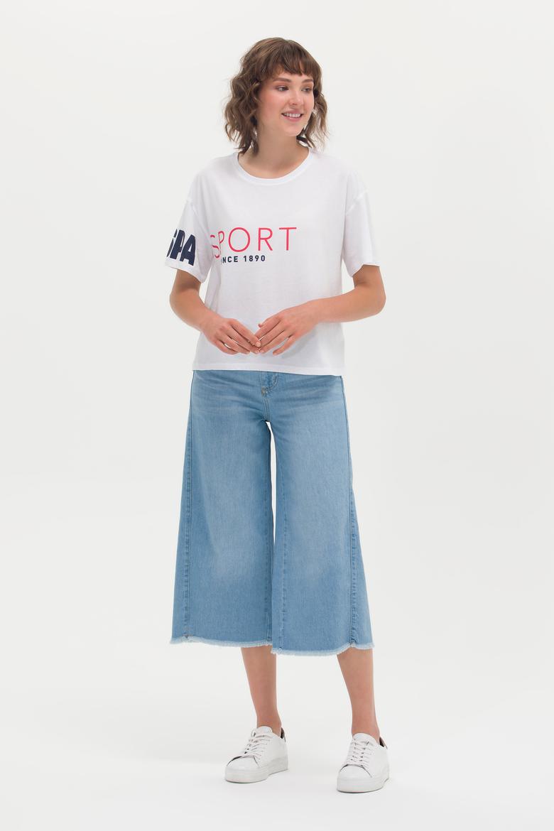 Kadın Beyaz Bisiklet Yaka Tişört - 50264171019