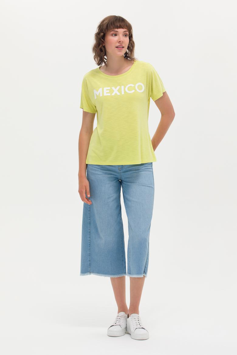 Kadın Neon Sarı Bisiklet Yaka Tişört - 50264188035