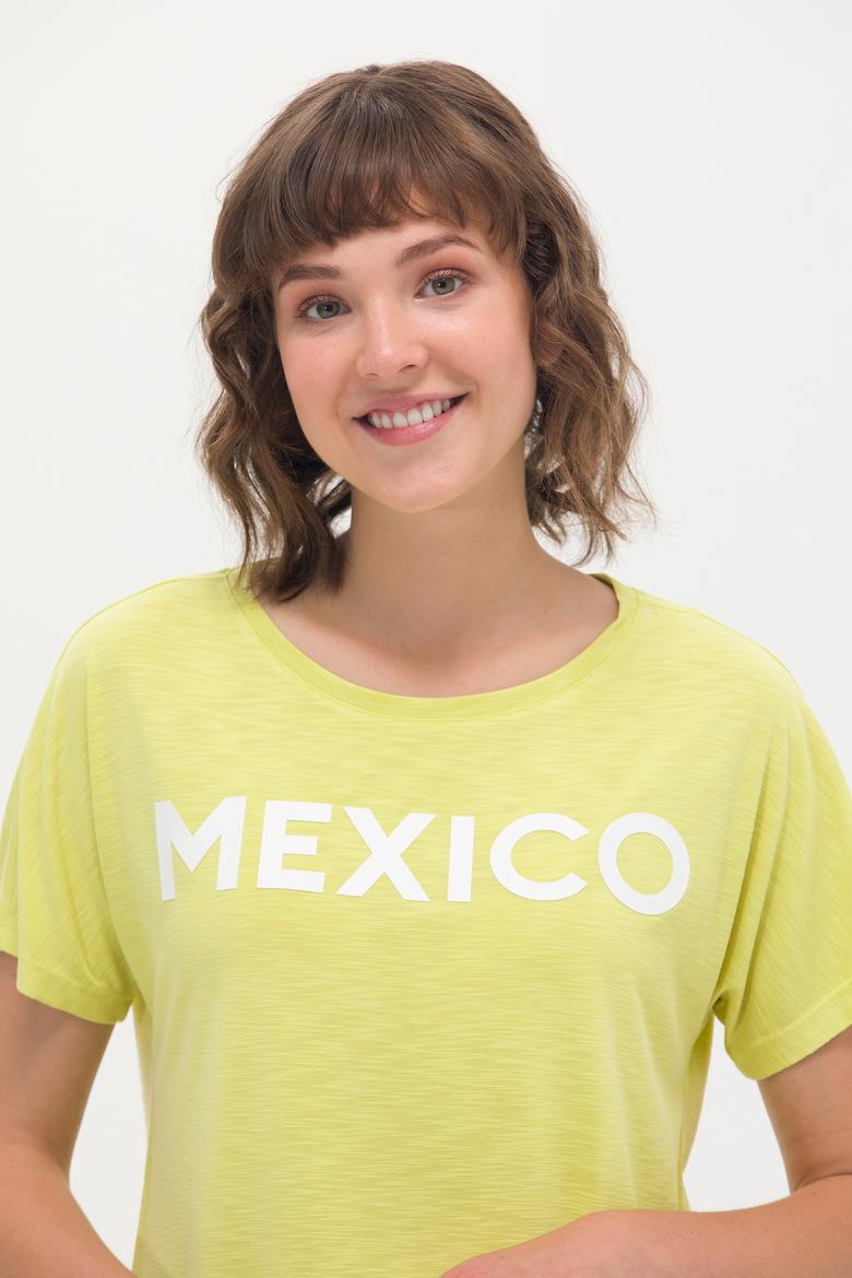 Kadın Neon Sarı Bisiklet Yaka Tişört - 50264188035