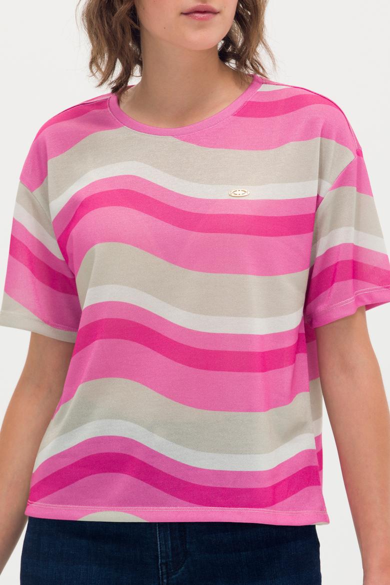 Kadın Pembe Bisiklet Yaka Tişört - 50263600019