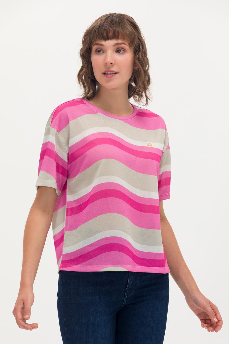 Kadın Pembe Bisiklet Yaka Tişört - 50263600019