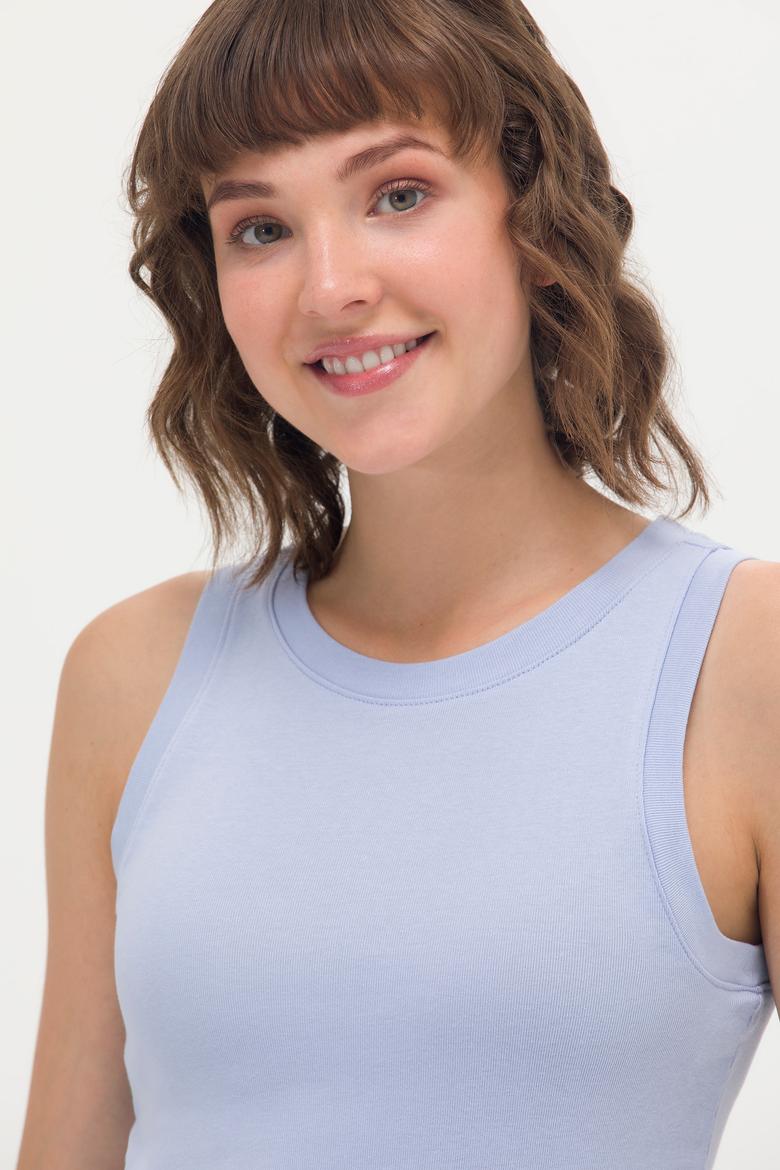 Kadın Mavi Bisiklet Yaka Kolsuz Tişört - 50266320113