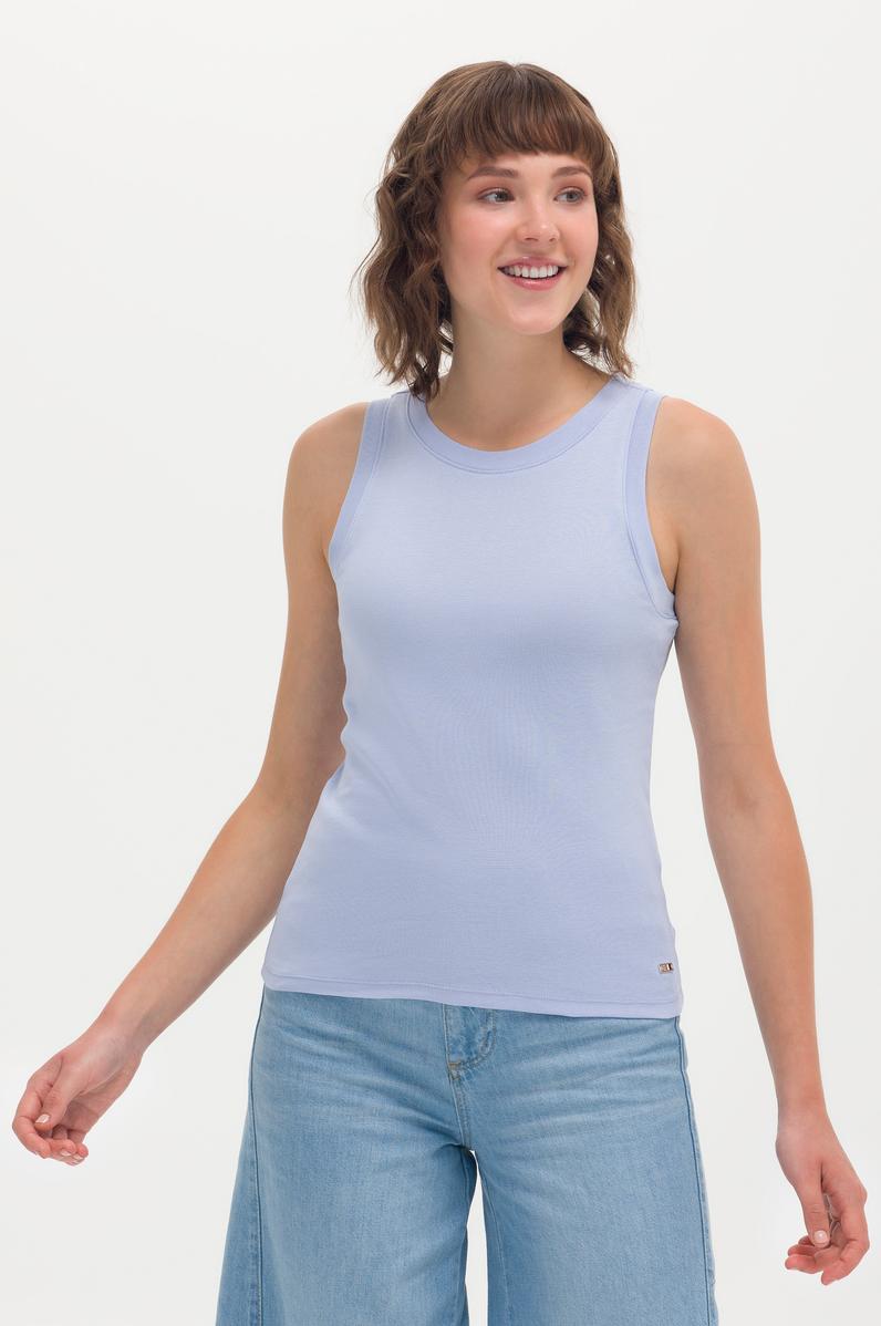 Kadın Mavi Bisiklet Yaka Kolsuz Tişört