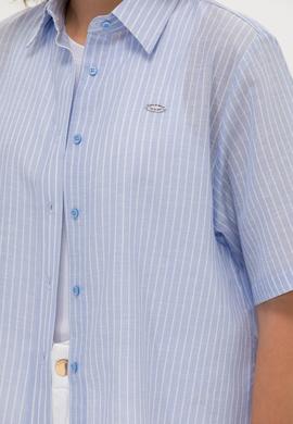 Kadın Mavi Keten Görünümlü Kısa Kollu Gömlek - 50263177030