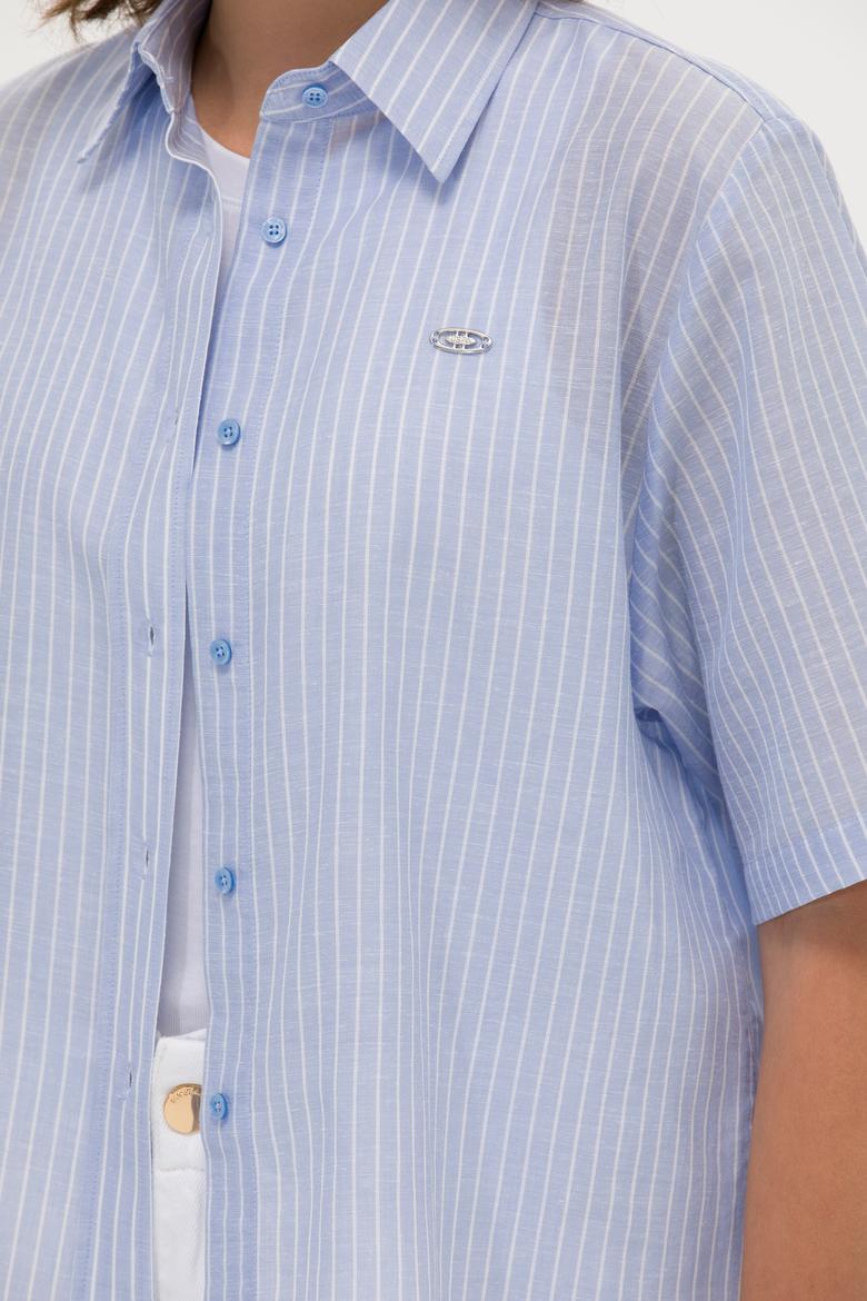 Kadın Mavi Keten Görünümlü Kısa Kollu Gömlek - 50263177030