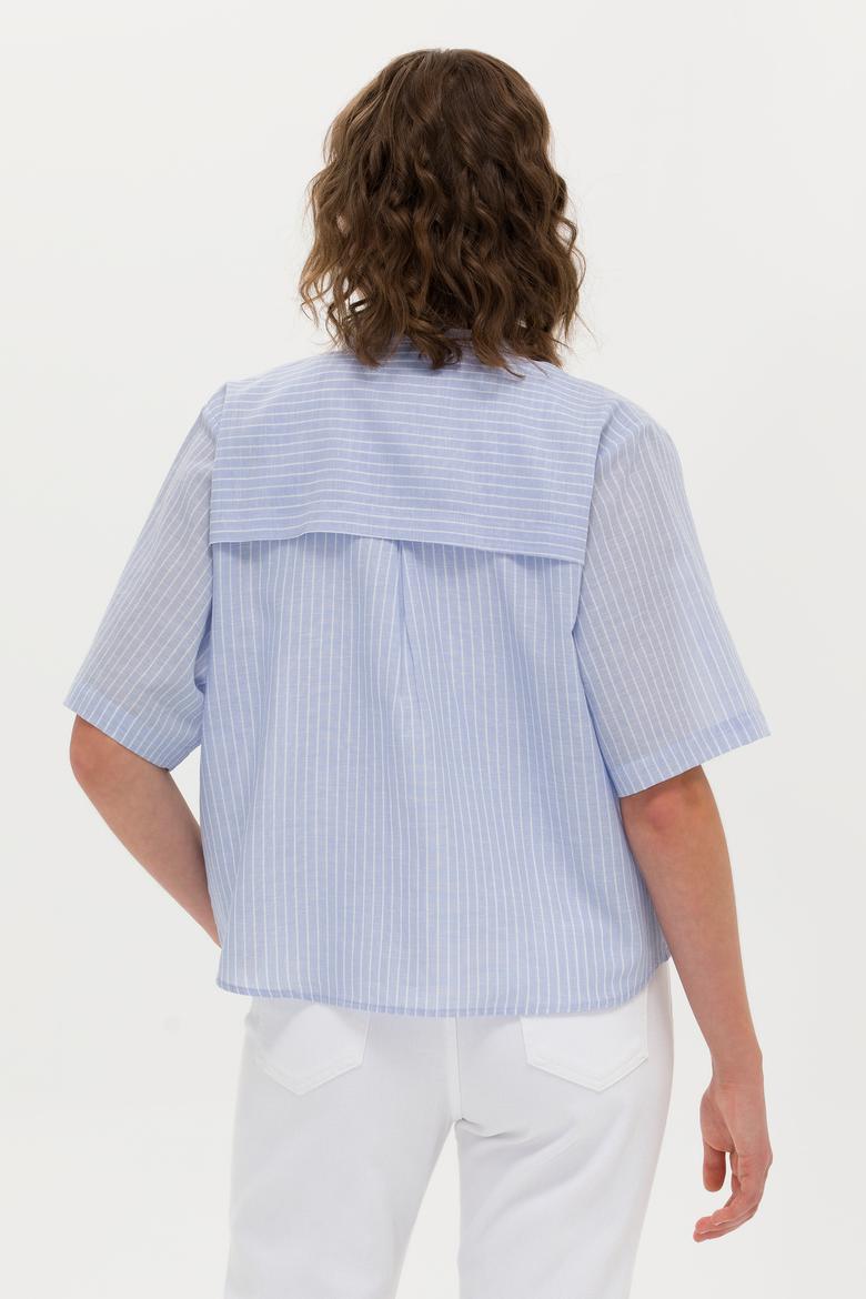 Kadın Mavi Keten Görünümlü Kısa Kollu Gömlek - 50263177030