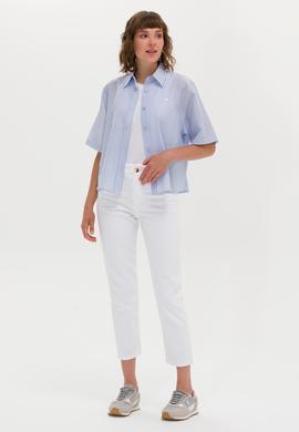 Kadın Mavi Keten Görünümlü Kısa Kollu Gömlek - 50263177030
