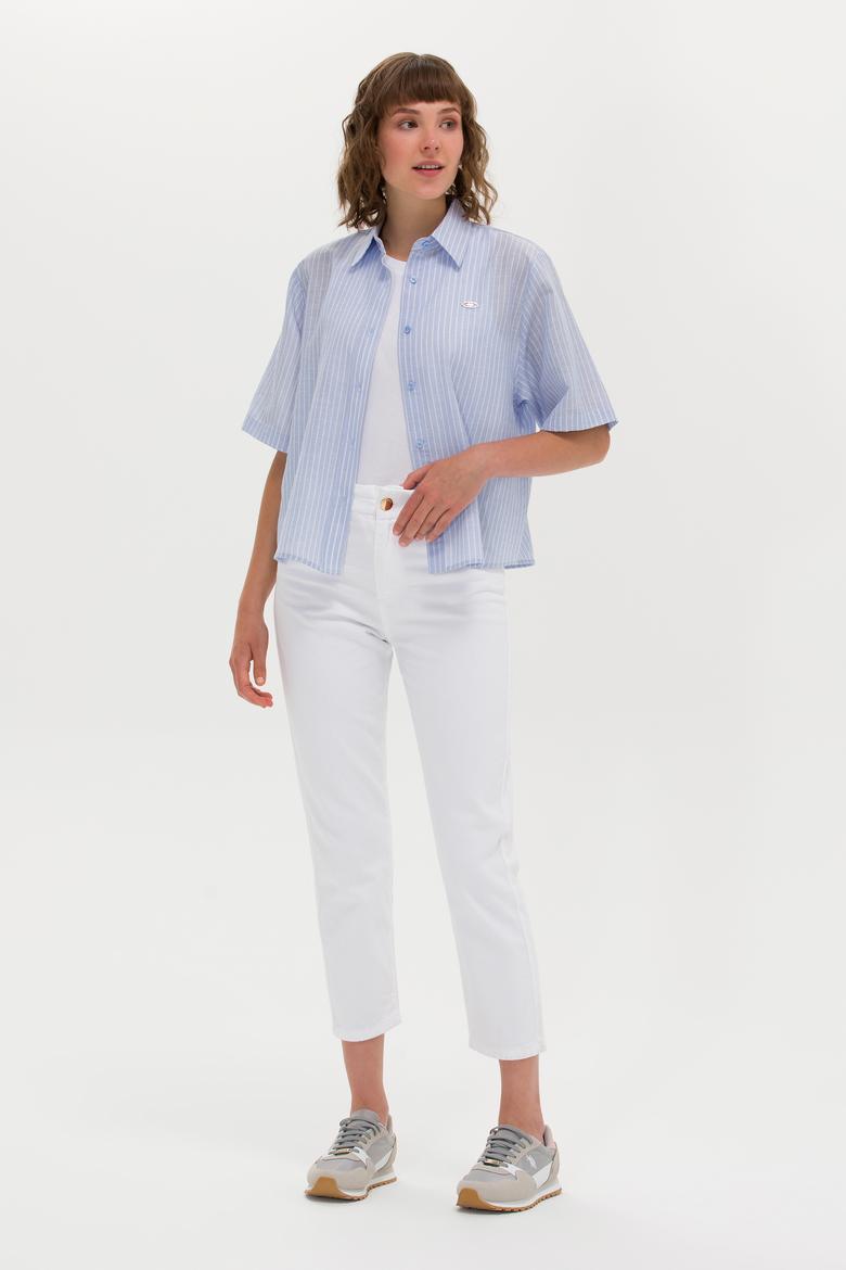 Kadın Mavi Keten Görünümlü Kısa Kollu Gömlek - 50263177030