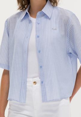 Kadın Mavi Keten Görünümlü Kısa Kollu Gömlek - 50263177030