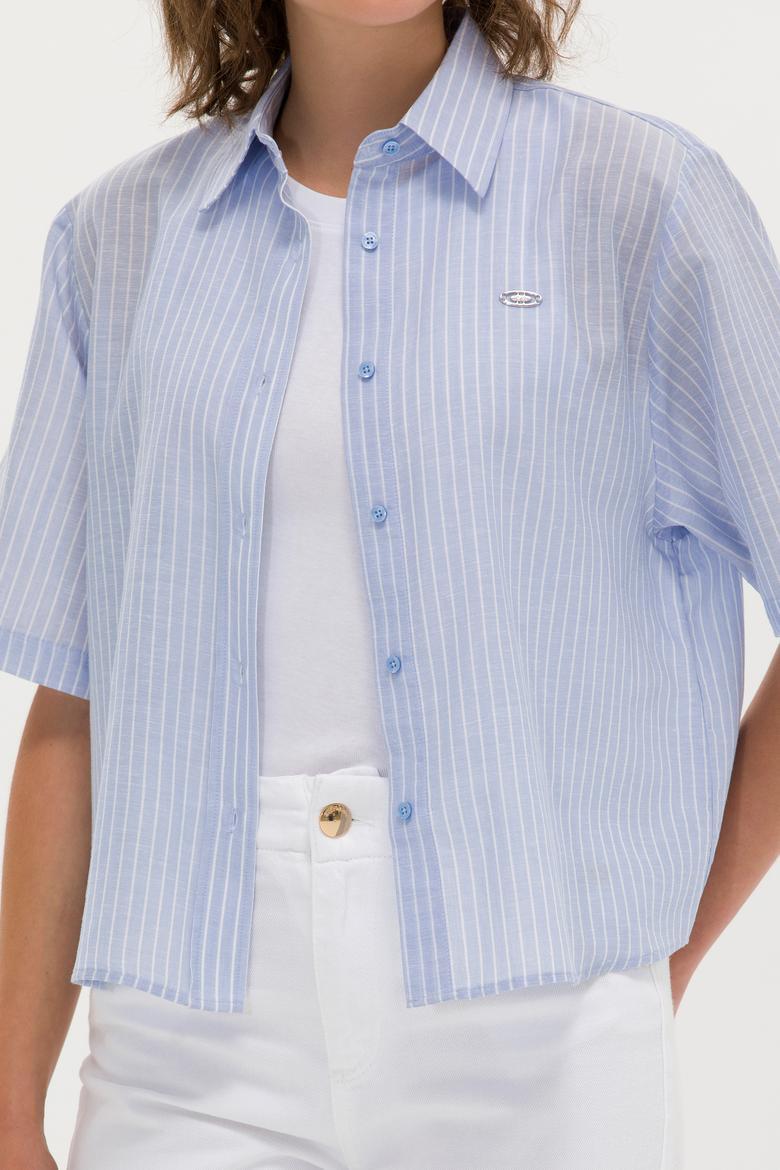 Kadın Mavi Keten Görünümlü Kısa Kollu Gömlek - 50263177030