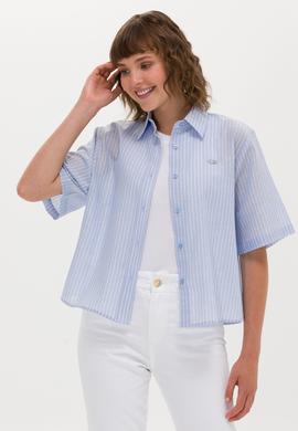 Kadın Mavi Keten Görünümlü Kısa Kollu Gömlek - 50263177030