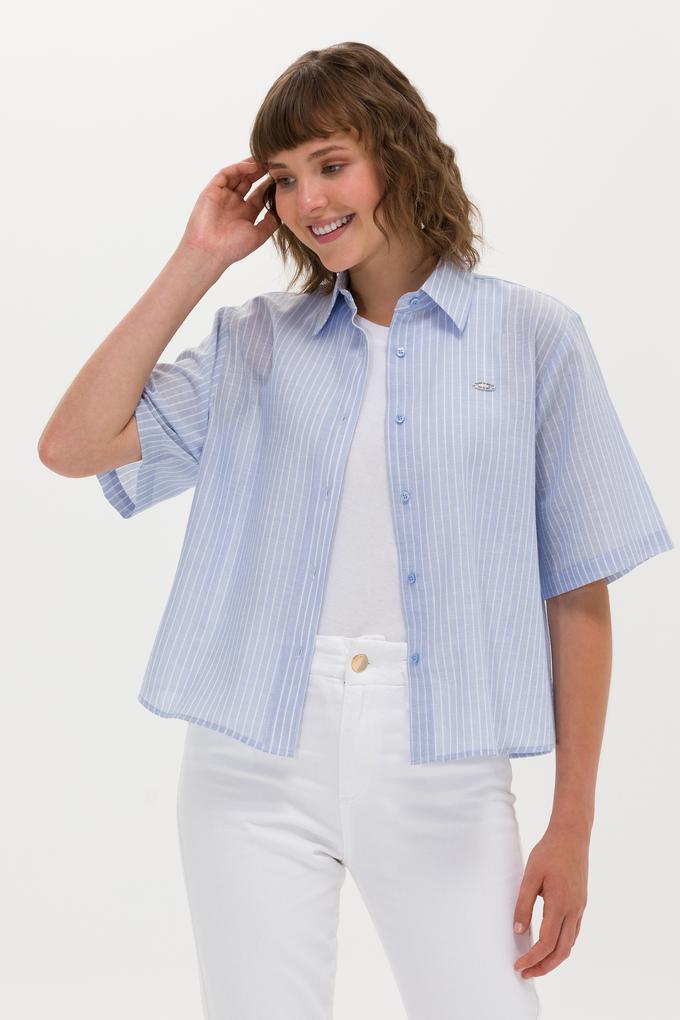 Kadın Mavi Keten Görünümlü Kısa Kollu Gömlek