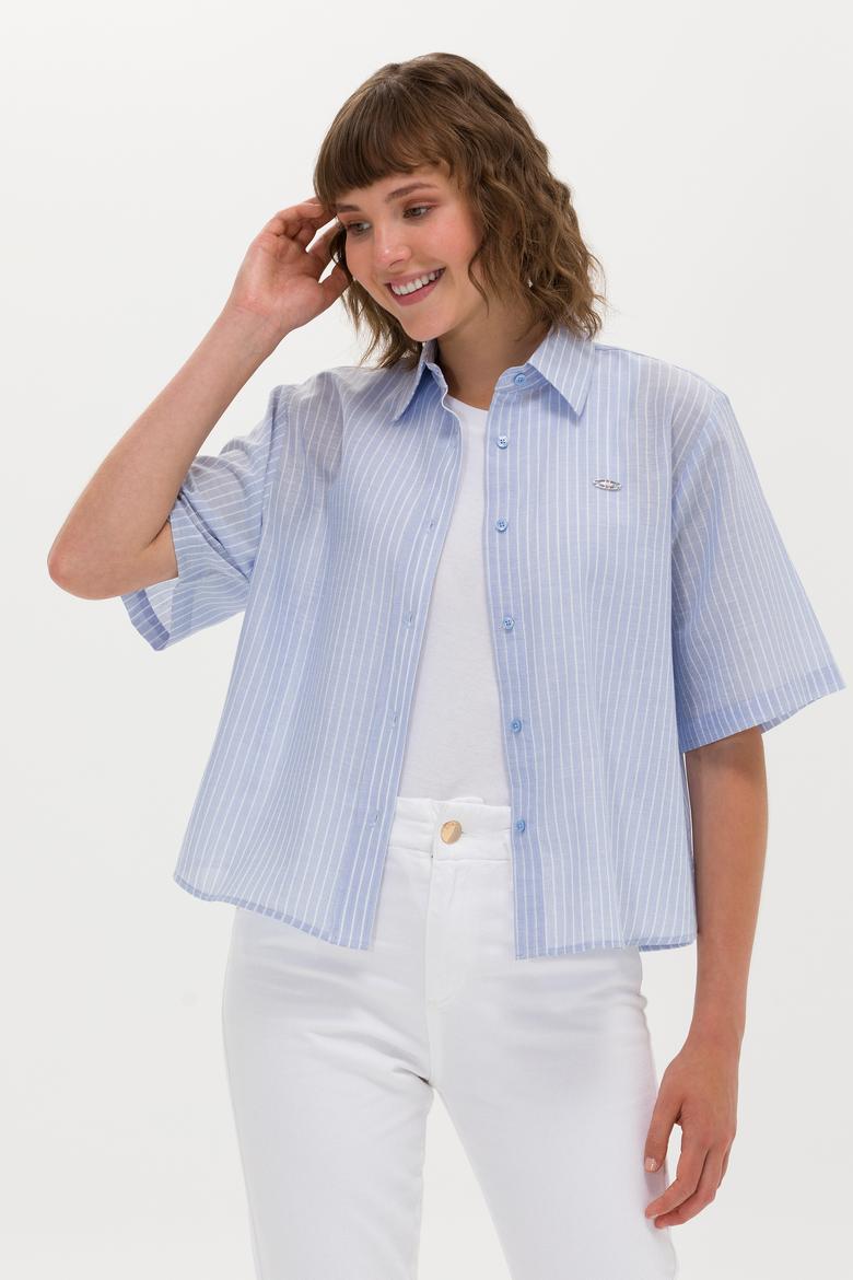 Kadın Mavi Keten Görünümlü Kısa Kollu Gömlek