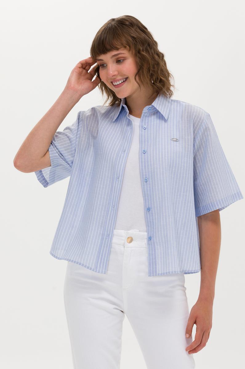 Kadın Mavi Keten Görünümlü Kısa Kollu Gömlek