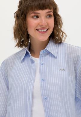 Kadın Mavi Keten Görünümlü Kısa Kollu Gömlek - 50263177030