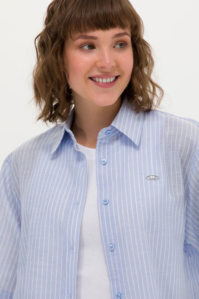 Kadın Mavi Keten Görünümlü Kısa Kollu Gömlek - 50263177030